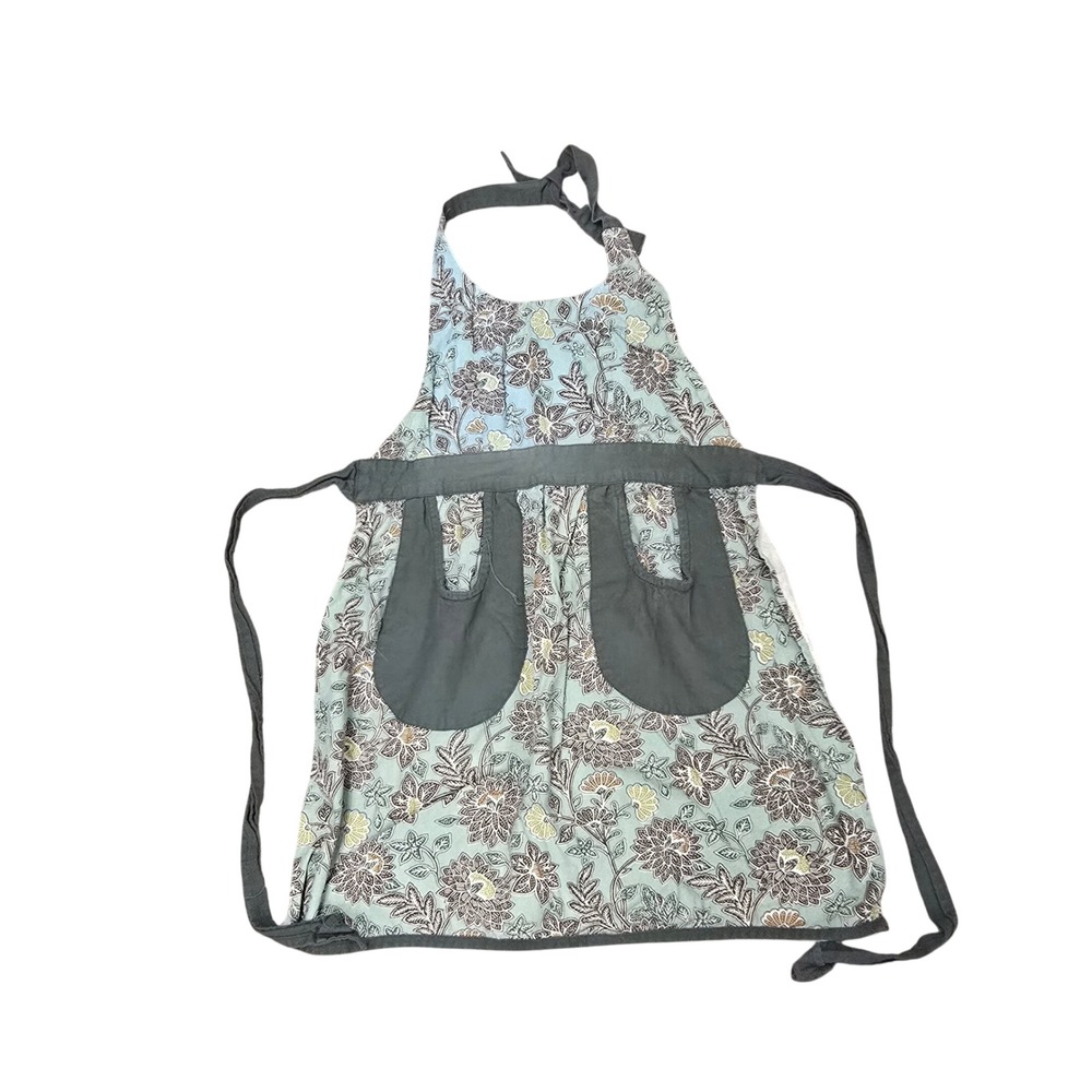 Milli Home Marsha Cutler‎ Floral Cotton Apron Teal Green Pockets 100% Cotton